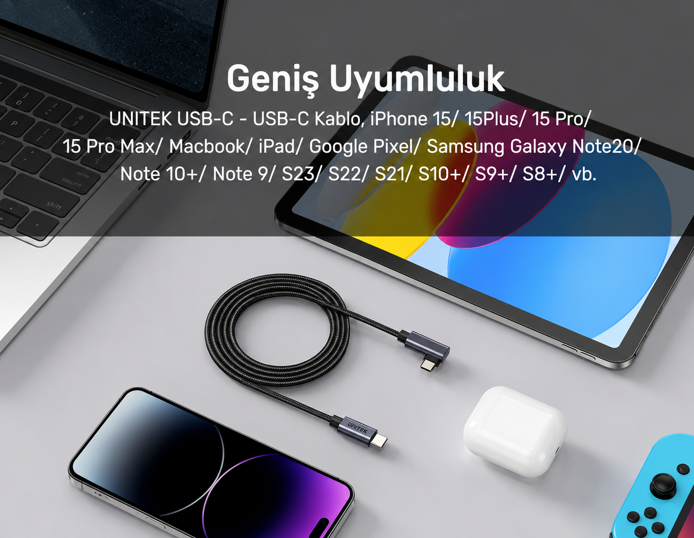 Unitek Type-C to Type-C 100W 5Mt 90 Açı Hızlı Şarj Kablosu