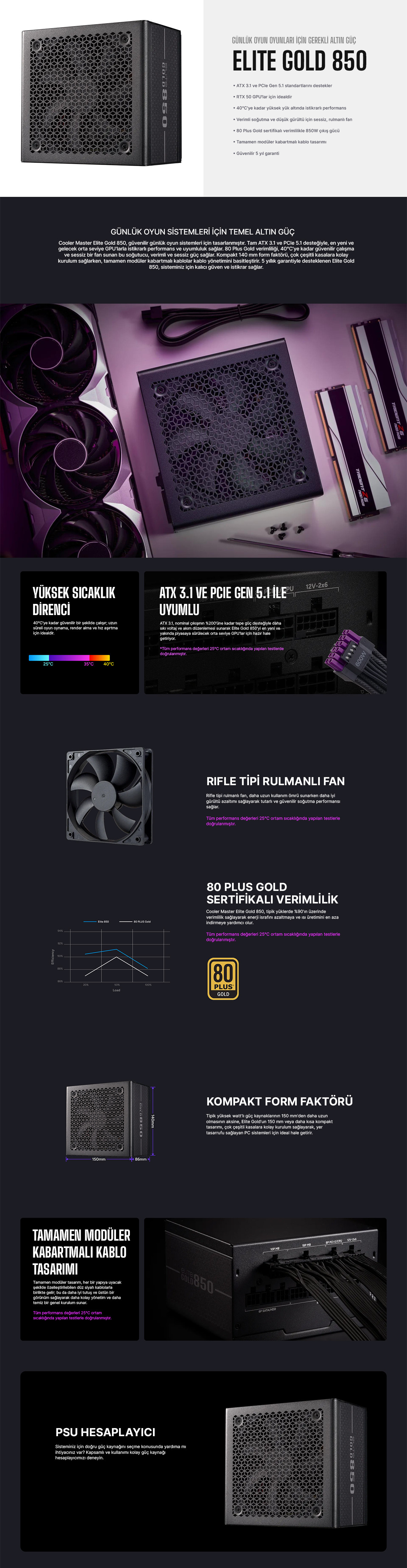 Cooler Master Elite Gold MPX-8505-AFAG-BEU 850W ATX3.1 PCIE-E 5.1 80+ Gold Full Modüler Power Supply