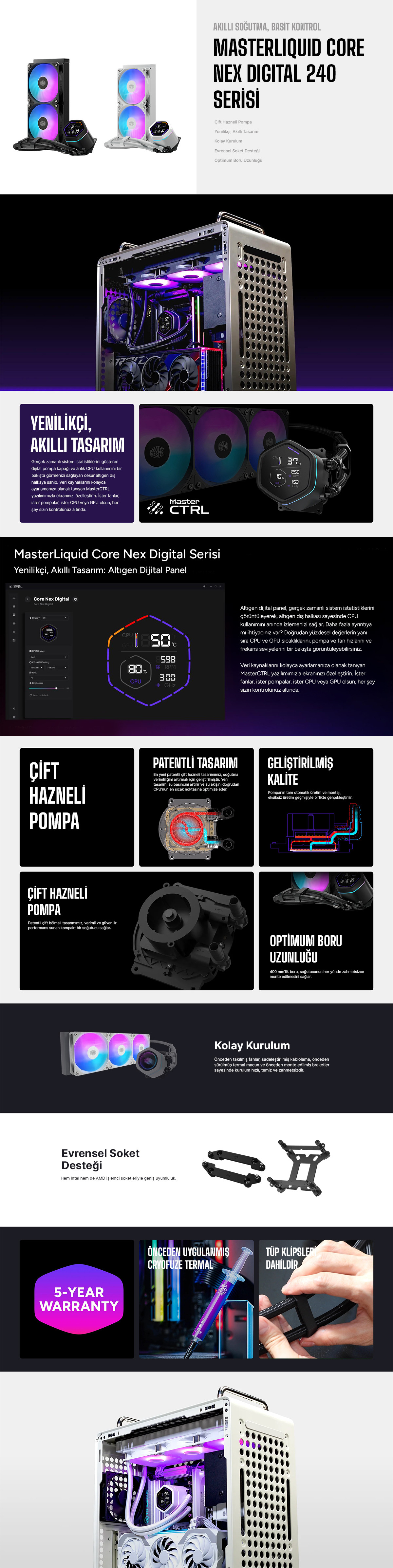Cooler Master MasterLiquid Core Nex Digital 240 ARGB 240mm Siyah İşlemci Sıvı Soğutucu