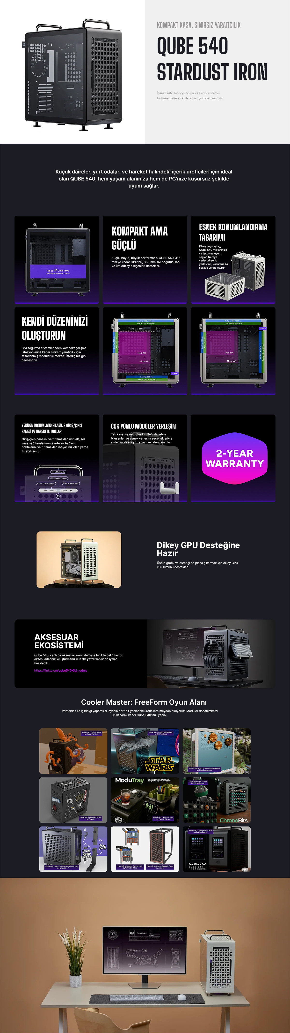 Cooler Master QUBE 540 TG Stardust Iron CM Q540-MGNN-S00 1x120mm ATX Mid Tower Gaming Kasası