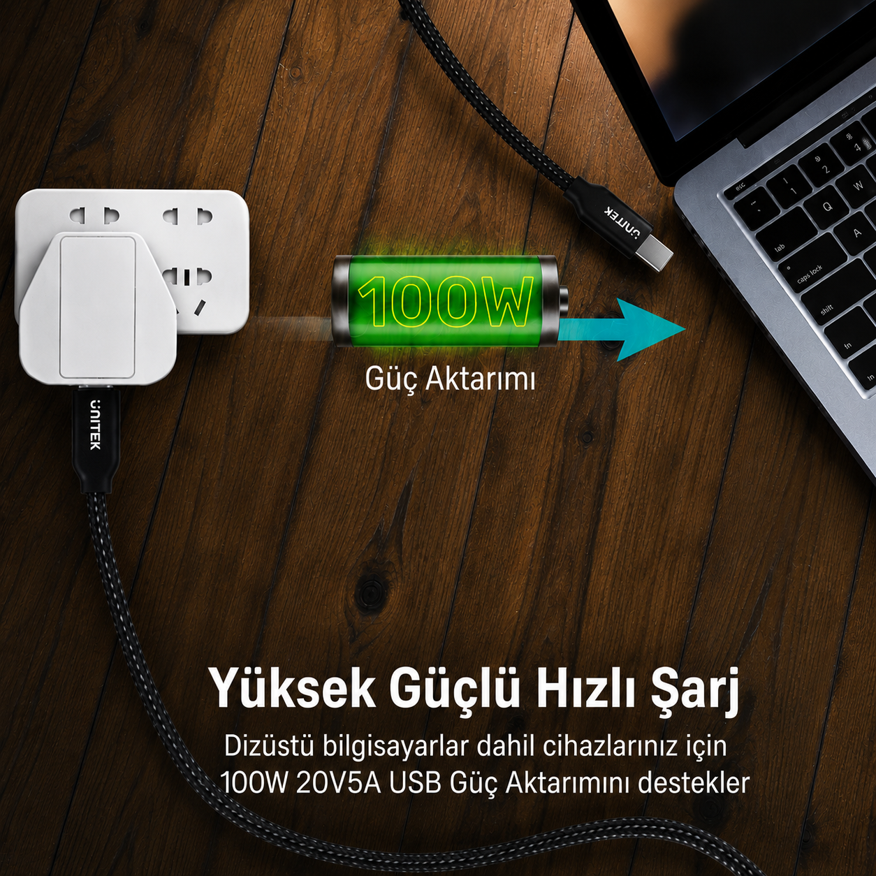 Unitek Type-C to Type-C (100W) 2Mt Hızlı Şarj Kablosu C14059BK