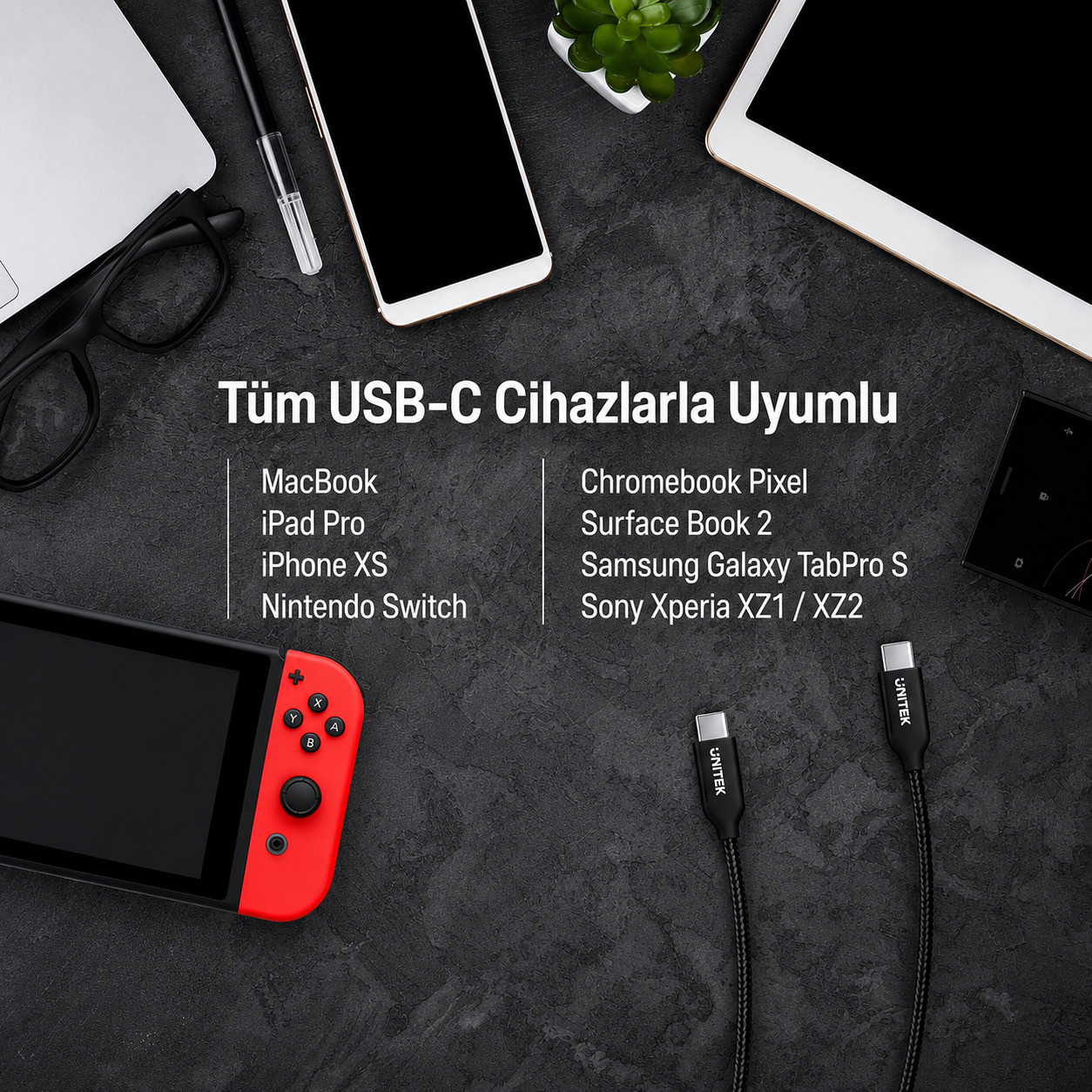 Unitek Type-C to Type-C (100W) 2Mt Hızlı Şarj Kablosu C14059BK
