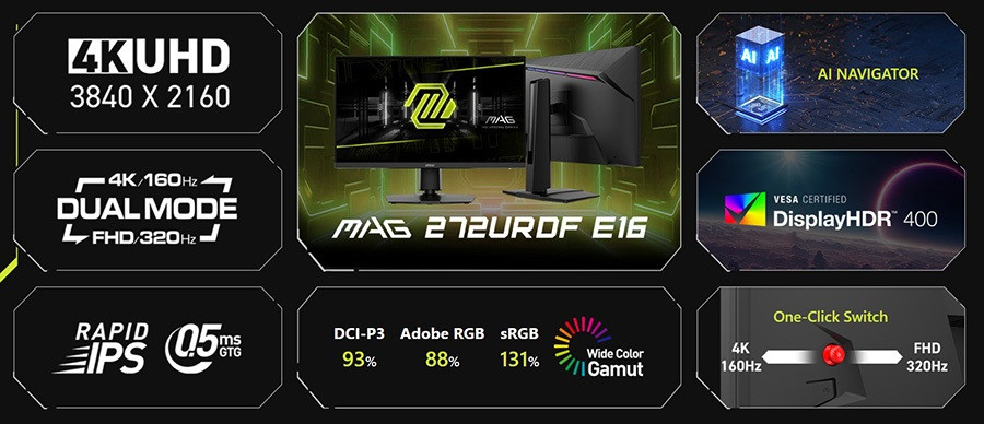 MSI MAG 272URDF E16 27″ 4K 160Hz FHD 320Hz 0.05ms FreeSync Premium HDR400 Pivot Dual Mode Rapid IPS Gaming Monitör