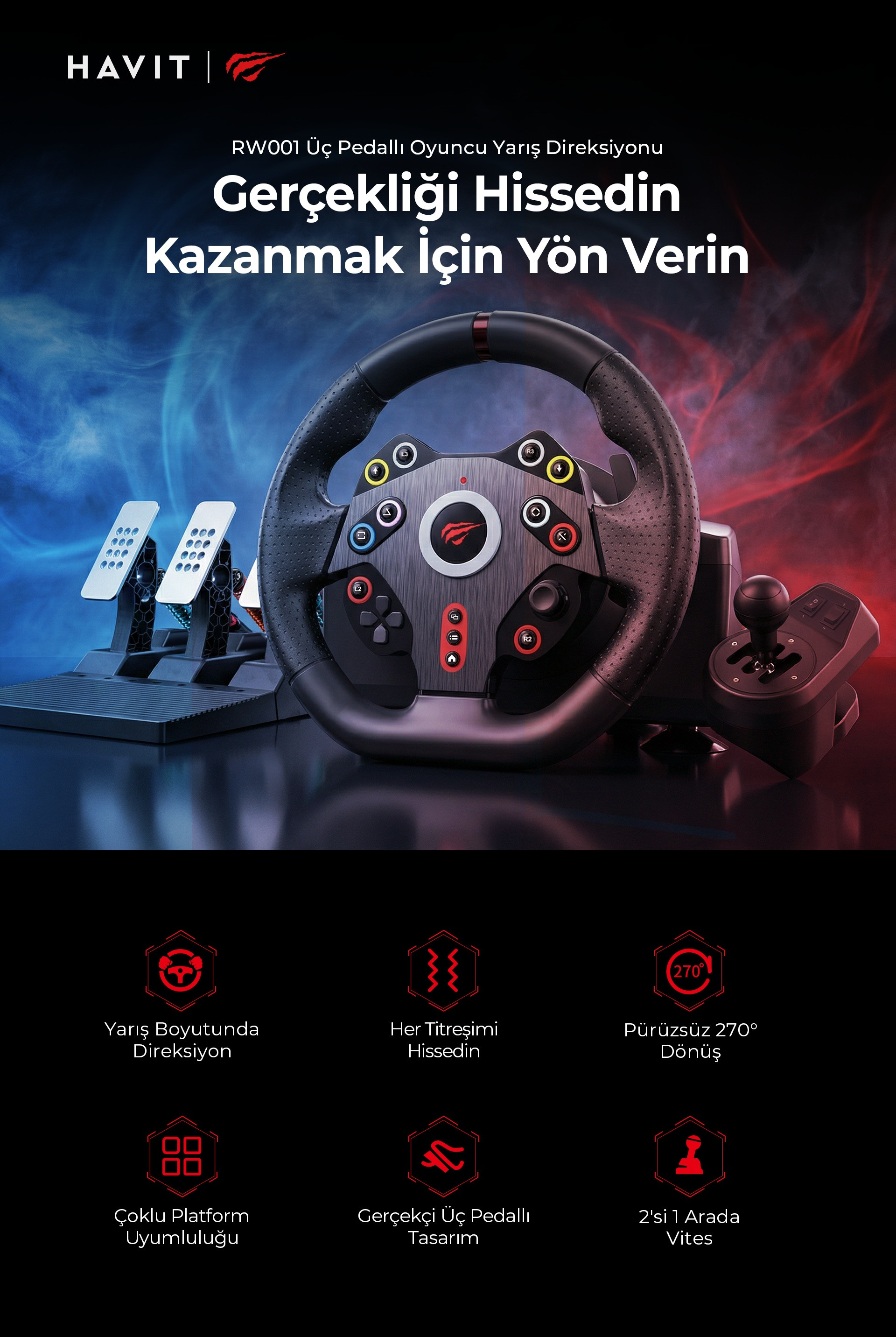 Havit Gamenote RW001 270° Titreşimli 3 Pedallı Vitesli PC, PS4 ve Xbox Uyumlu Gaming Direksiyon Seti