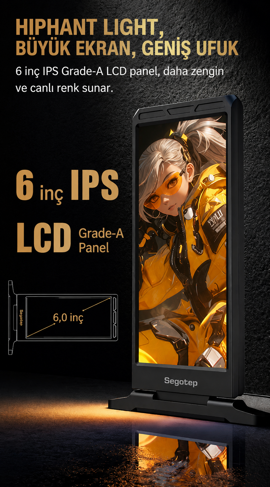 SEGOTEP HiPHANT 6″ IPS 60HZ Universal LCD Ekran Siyah