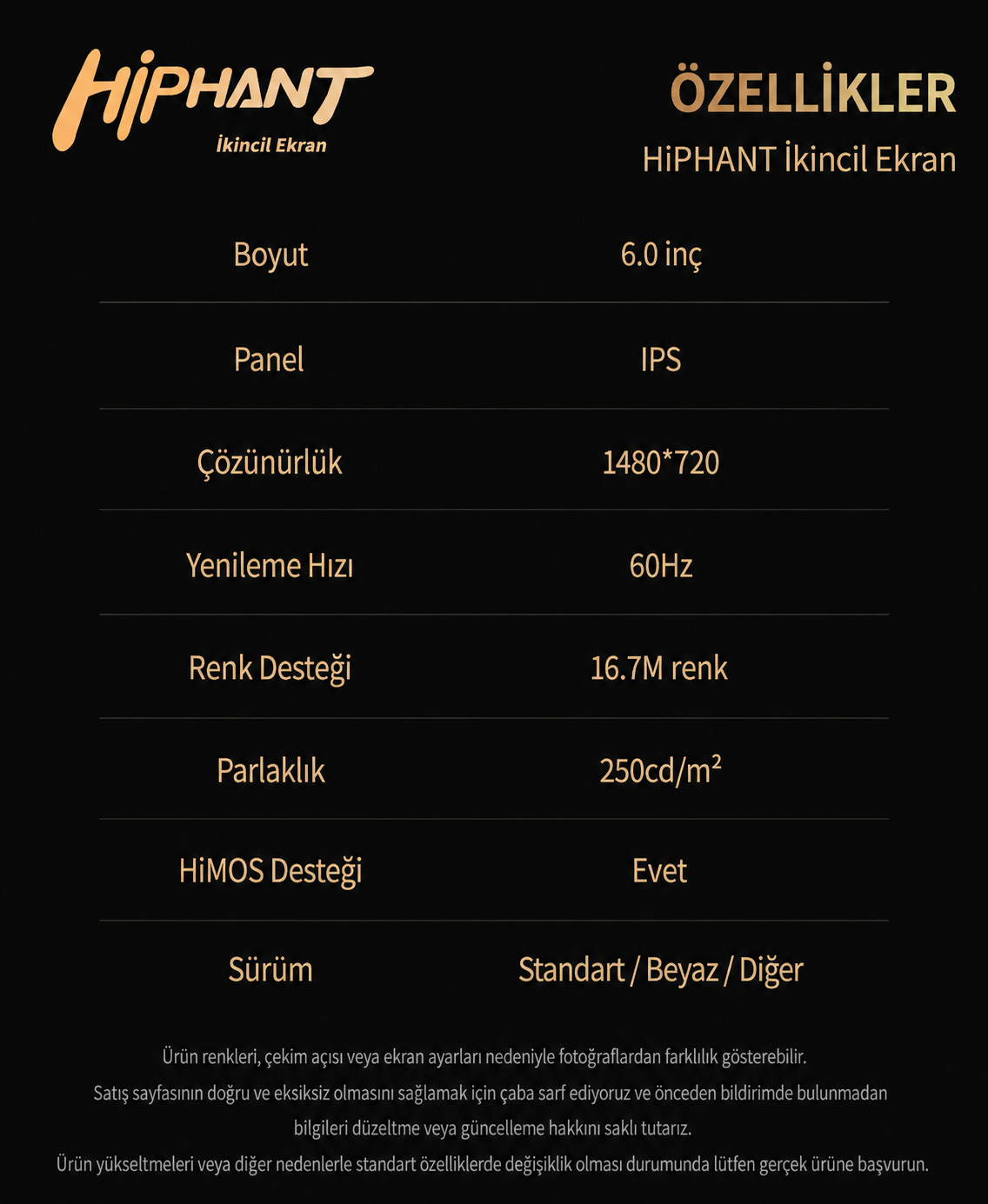 SEGOTEP HiPHANT 6″ IPS 60HZ Universal LCD Ekran Siyah