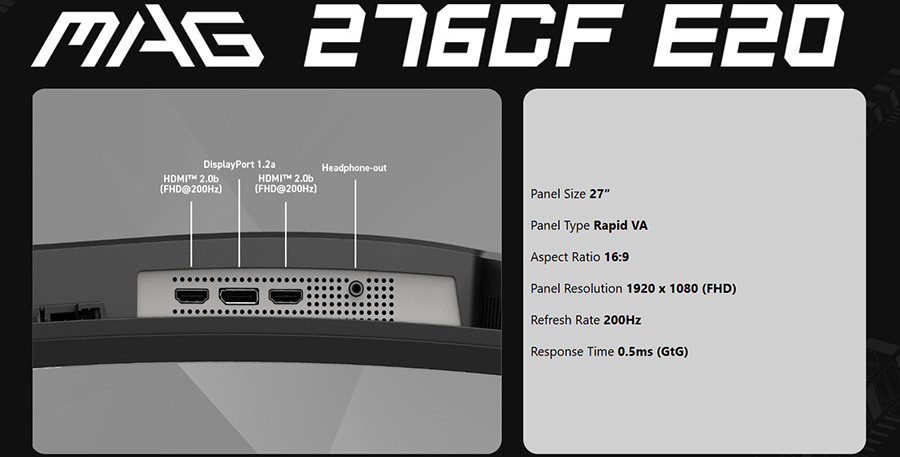 MSI 27″ MAG 276CF E20 1920x1080 (FHD) 16:9 Curve 1500R Rapid VA 200Hz 0.5ms FreeSync Gaming Monitör