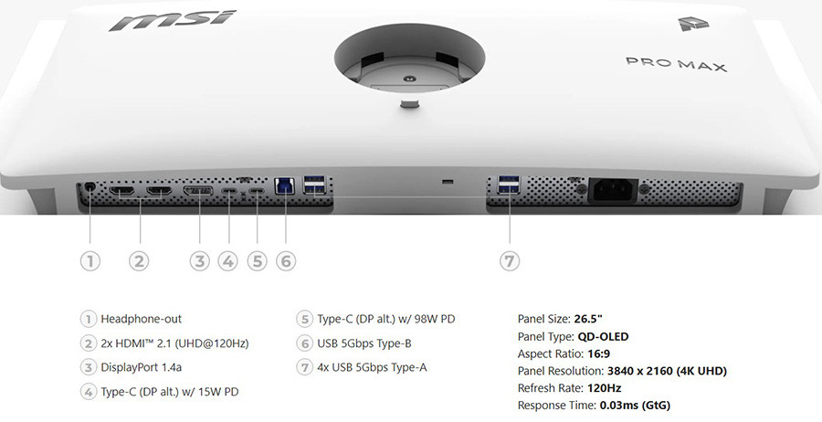MSI PRO MP271UPXW E12 26.5″ 120Hz 0.03ms UHD 4K QD-OLED Flat FreeSync Premium Pro Pivot Beyaz Monitör