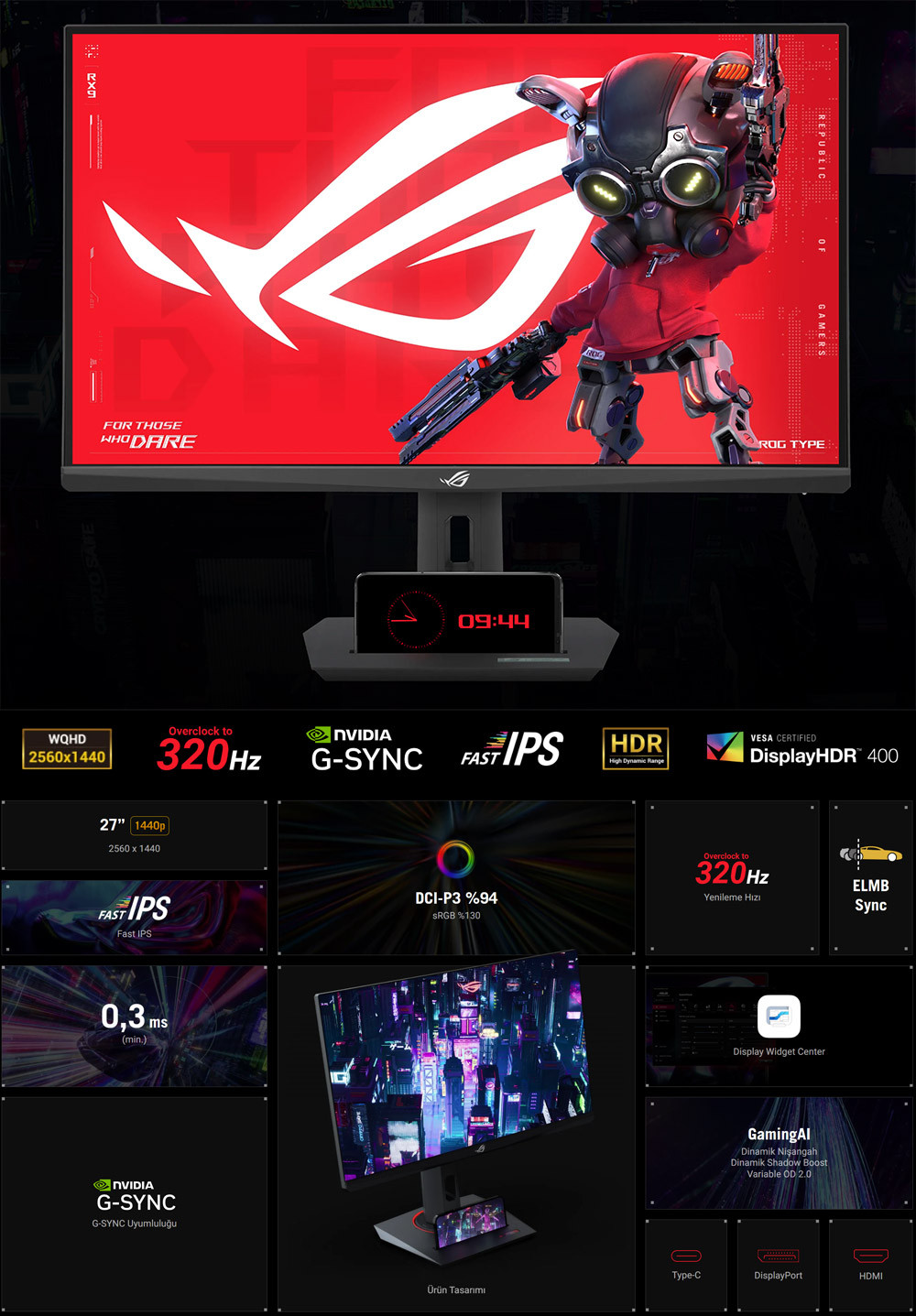 ASUS ROG Strix XG27ACMS 27″ 320Hz(OC) 0.3Ms HDMI DP G-Sync HDR400 WQHD Fast IPS Gaming Monitör