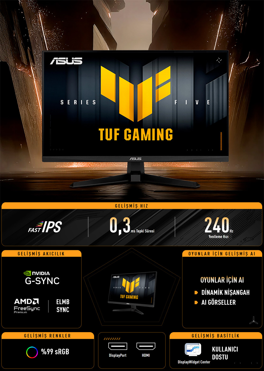 ASUS TUF GAMING VG259QM5A 24.5″ 240Hz 0.3ms Gaming AI ELMB Full HD Fast IPS Gaming (Oyuncu) Monitör