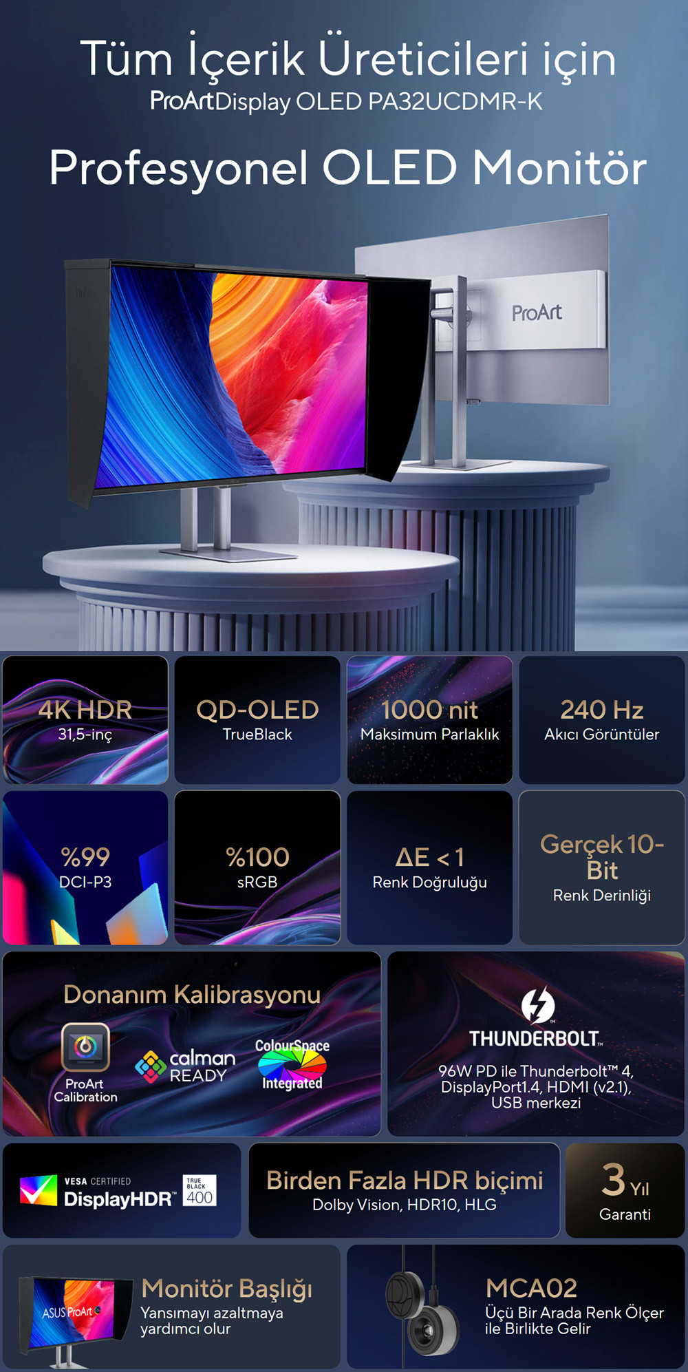 ASUS ProArt PA32UCDMR-K 32″ 240Hz 0.1ms AdaptiveSync HDR10 UHD QD-OLED Pivot Monitör