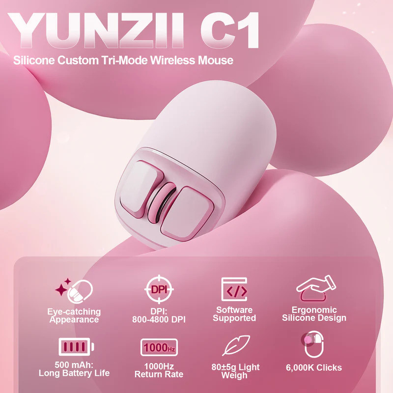 YUNZII C1 Silikon Pembe Kablosuz Mouse