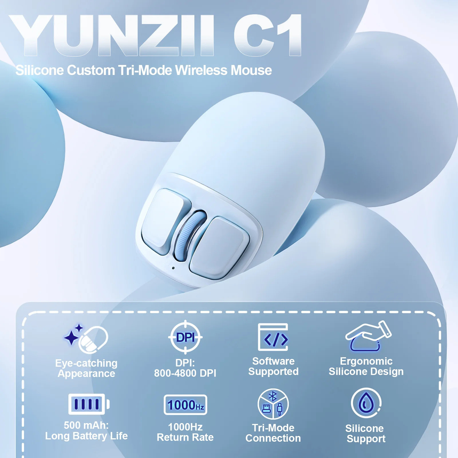YUNZII C1 Silikon Kablosuz Mouse Mavi