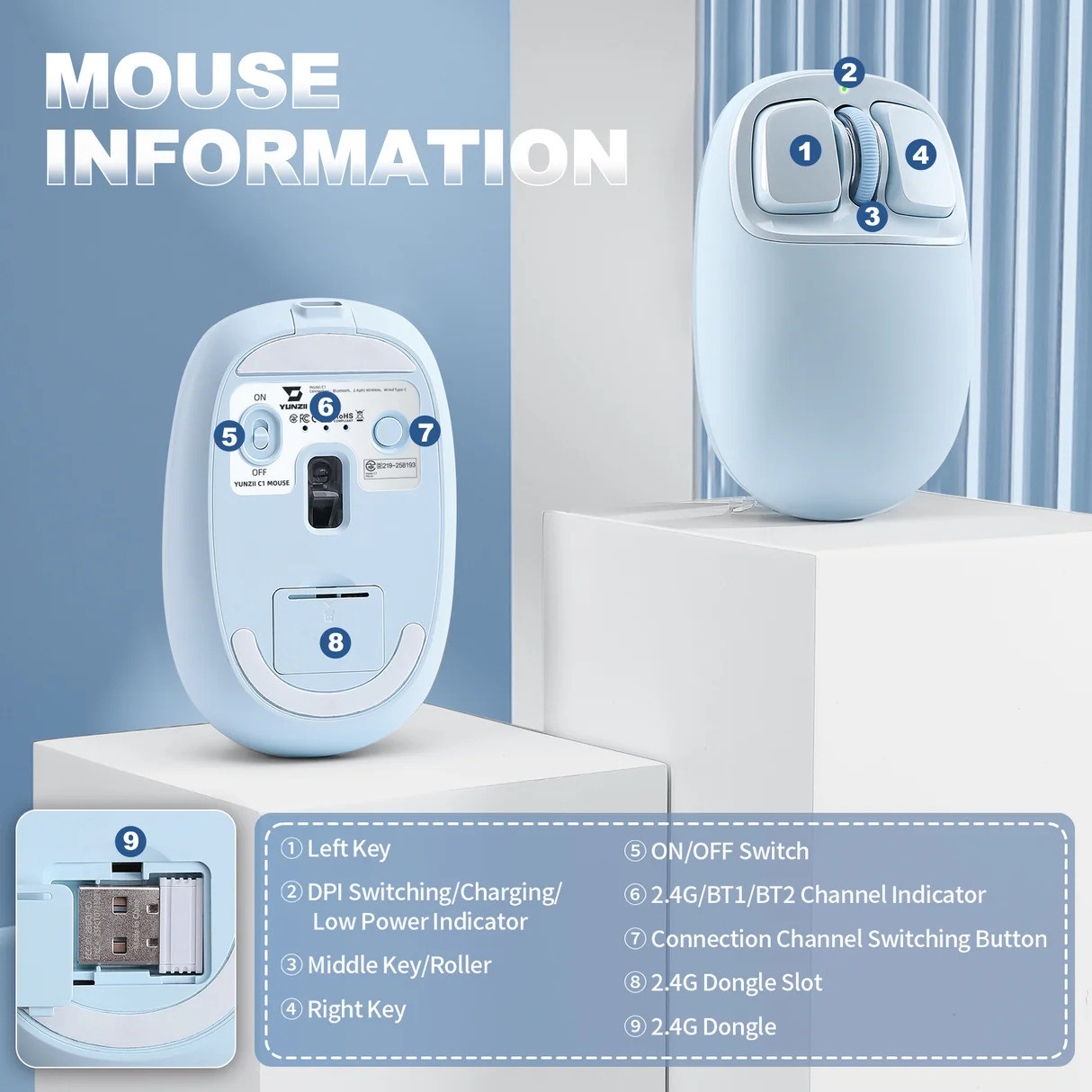 YUNZII C1 Silikon Kablosuz Mouse Mavi