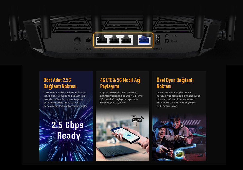 ASUS TUF Gaming BE6500 (TUF-BE6500) WiFi7 Çift Bantlı Router