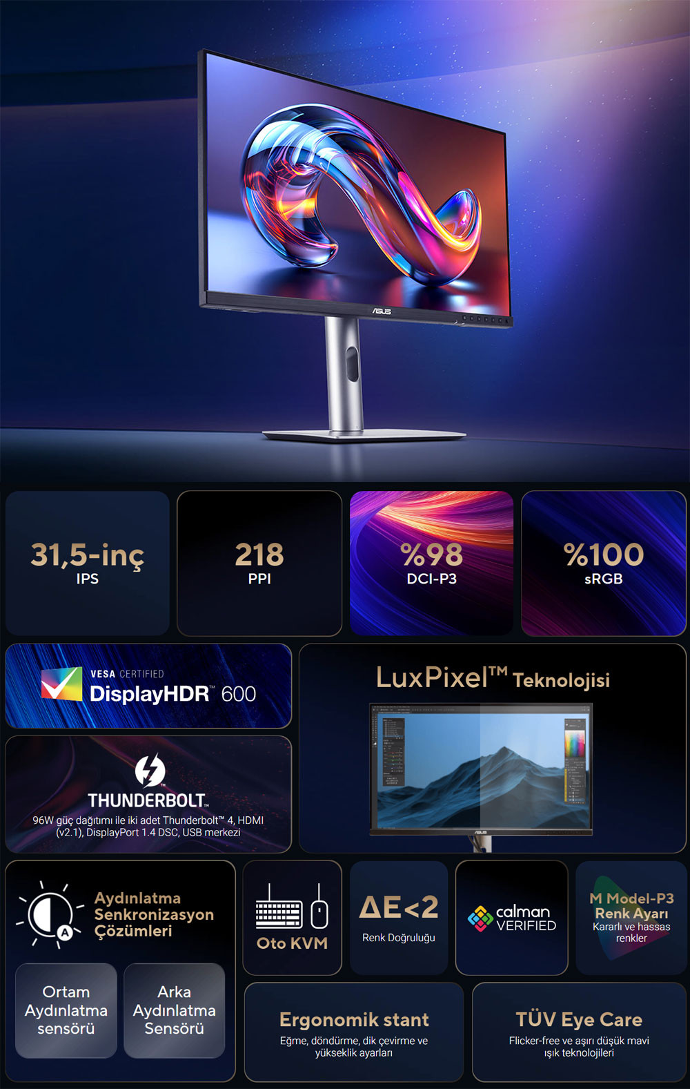 ASUS PROART PA32QCV 31.5″ 60Hz 5ms 6K VESA DisplayHDR 600 IPS Profesyonel Monitör