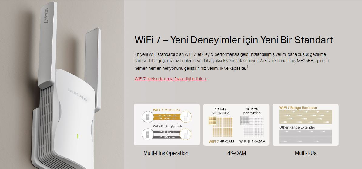 Mercusys ME25BE BE3600 3600 Mbps WiFi 7 Dual-Band Menzil Genişletici