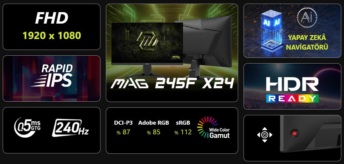 MSI MAG 245F X24 24″ 240Hz 0.5ms FreeSync HDR Ready FHD Rapid IPS Gaming Monitör