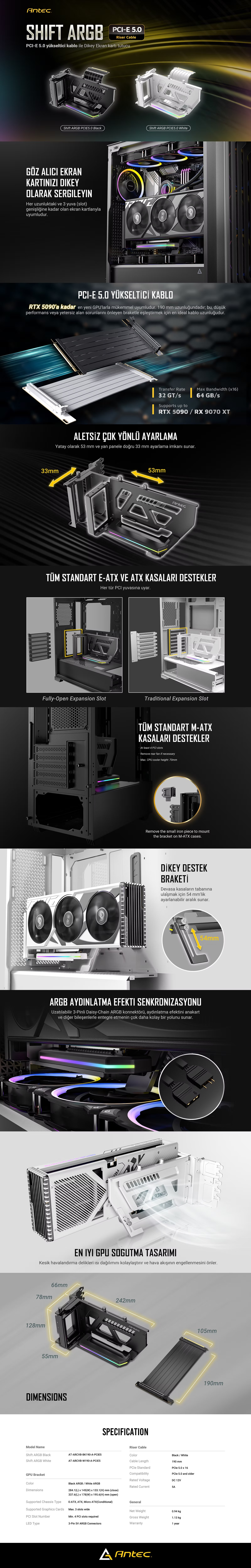 Antec SHIFT ARGB PCIe 5.0 x16 190mm Siyah Dikey Ekran Kartı Montaj Kiti ve Riser Kablo