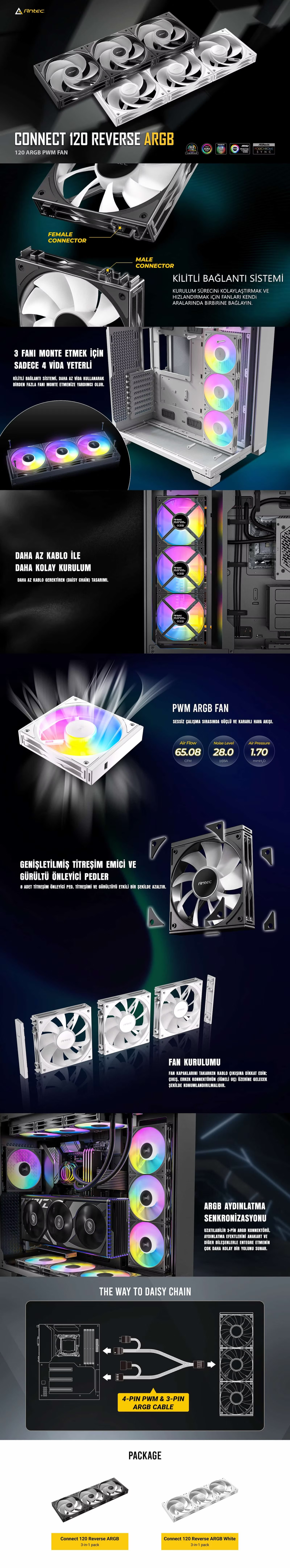 Antec Connect C120R ARGB 120mm 1800 RPM PWM Reverse Beyaz Kasa Fanı 3`lü Paket