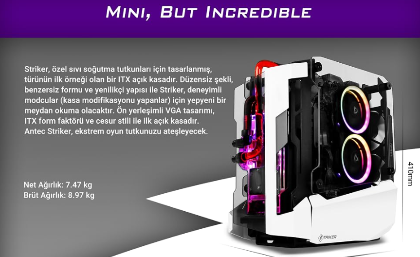 Antec Striker Temperli Cam USB Type-C Mini-ITX Mini Tower Open-Air Gaming (Oyuncu)  Kasa