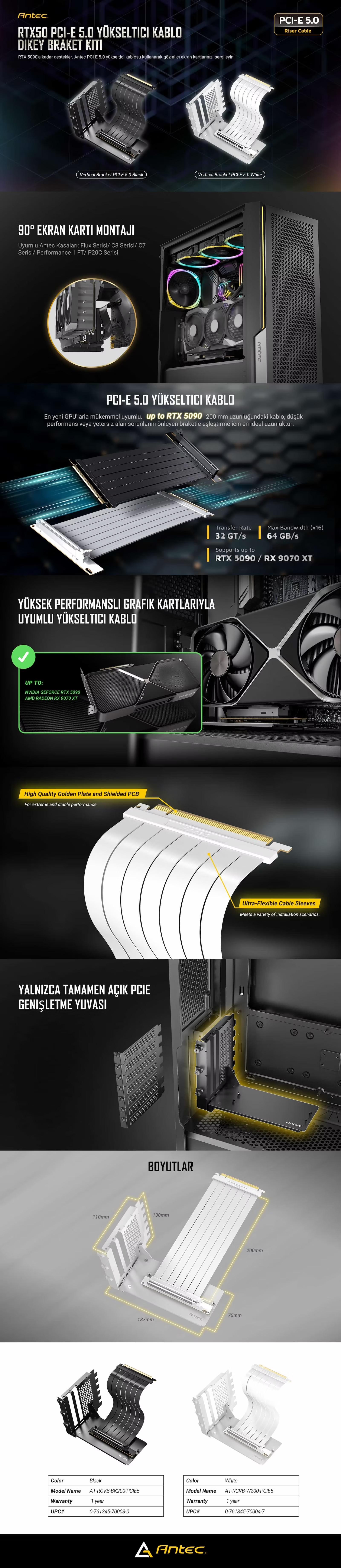 Antec PCIe 5.0 Riser Kablo Beyaz 200mm