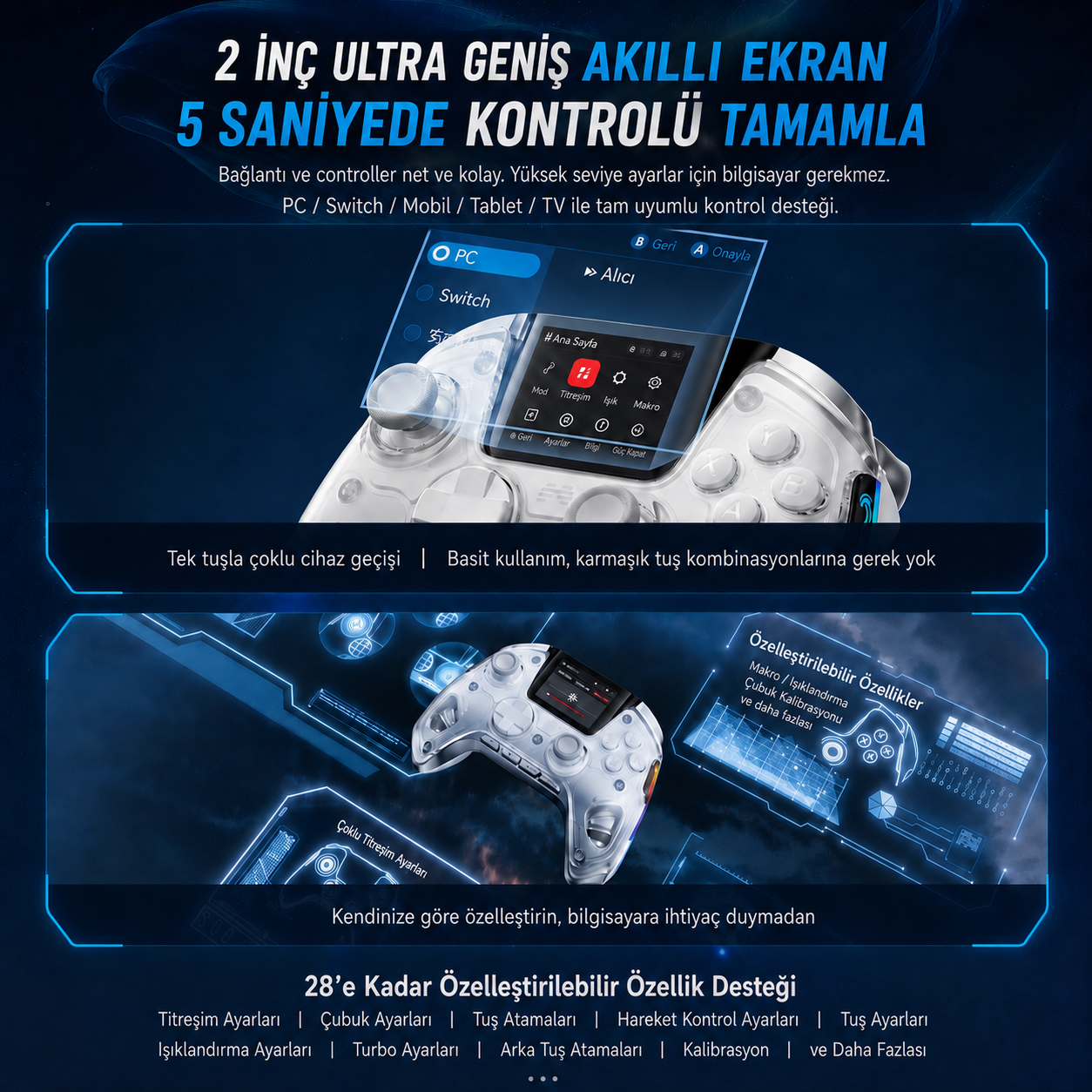 BEITONG KP50 Hall Effect LCD Ekranlı Kablosuz Beyaz Gamepad