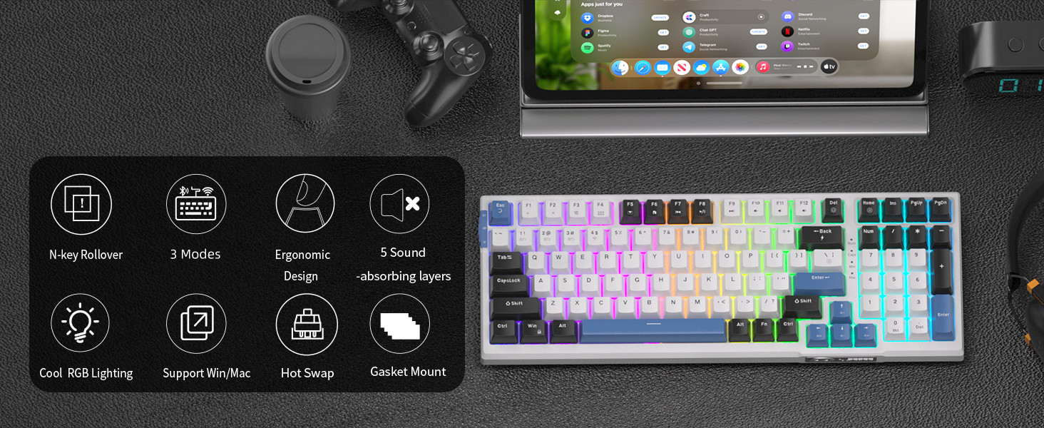 MageGee SKY98 99 Tuş Kablosuz RGB Hot-Swap Gasket Siyah-Beyaz Gaming Klavye 
