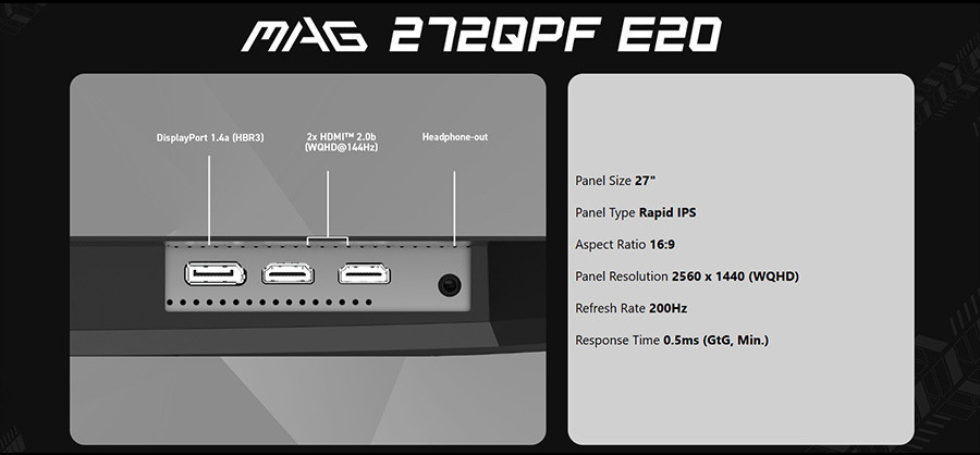 MSI MAG 272QPF E20 27″ 200Hz 0.5ms 2K WQHD Adaptive Sync Rapid IPS Pivot Gaming Monitör