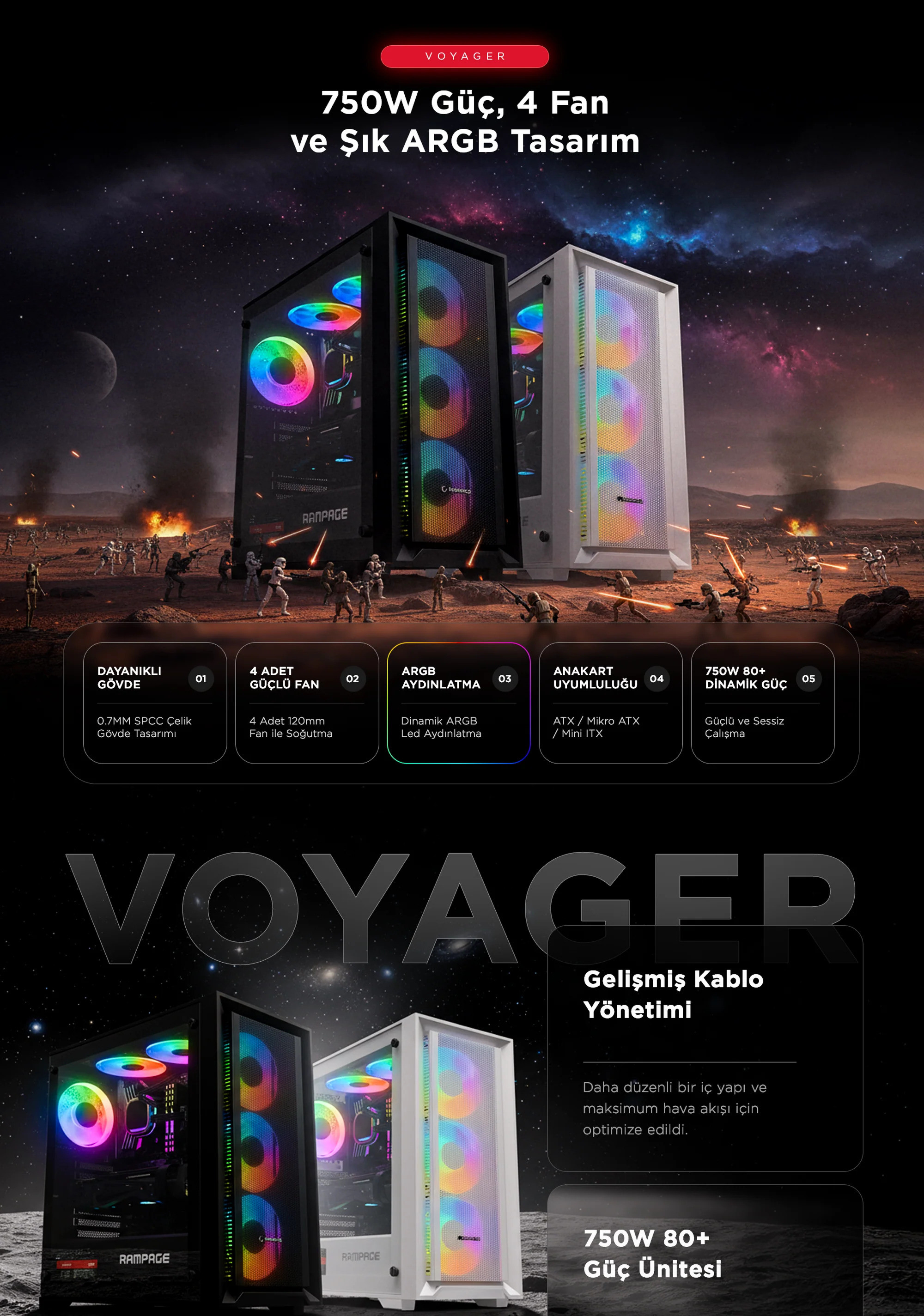 Rampage VOYAGER 750W 80+ BRONZE Beyaz 4*RGB Auto Fan ATX Mid-T Gaming Oyuncu Kasası