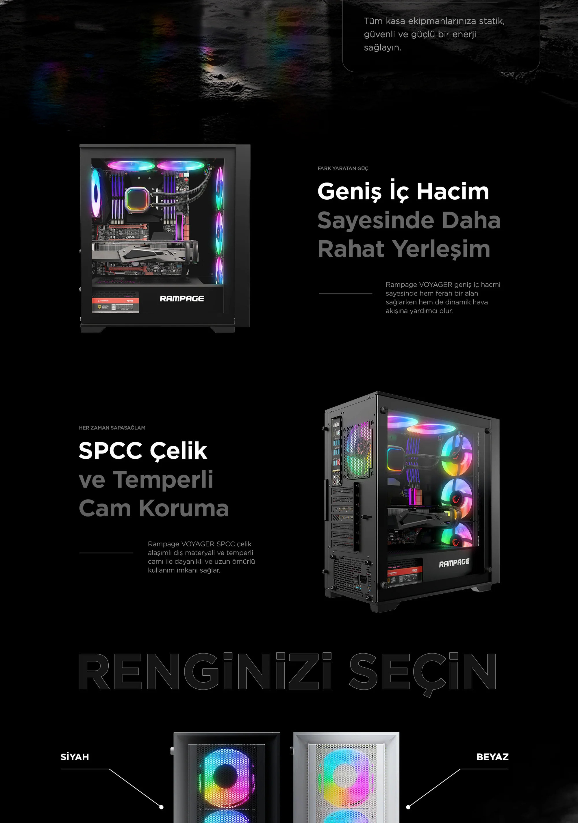 Rampage VOYAGER 750W 80+ BRONZE Beyaz 4*RGB Auto Fan ATX Mid-T Gaming Oyuncu Kasası