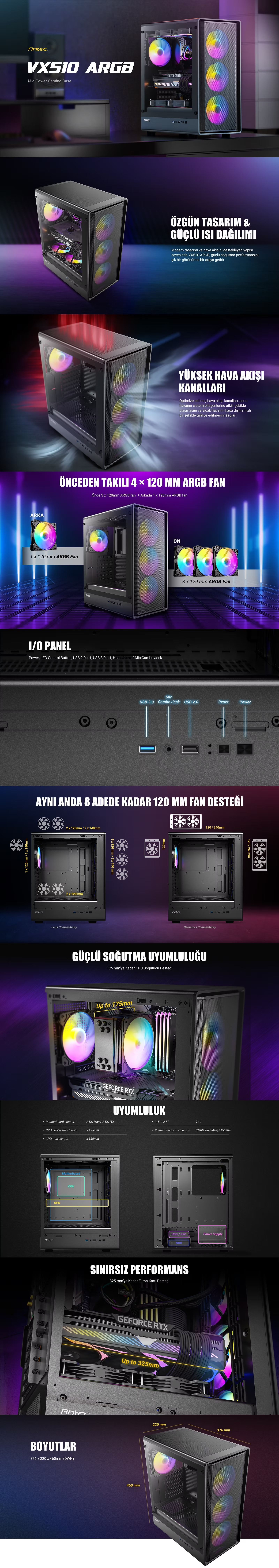 ANTEC VX510 ARGB 750W 80+ BRONZE 4xARGB Fan ATX Siyah Mid Tower Gaming Kasası