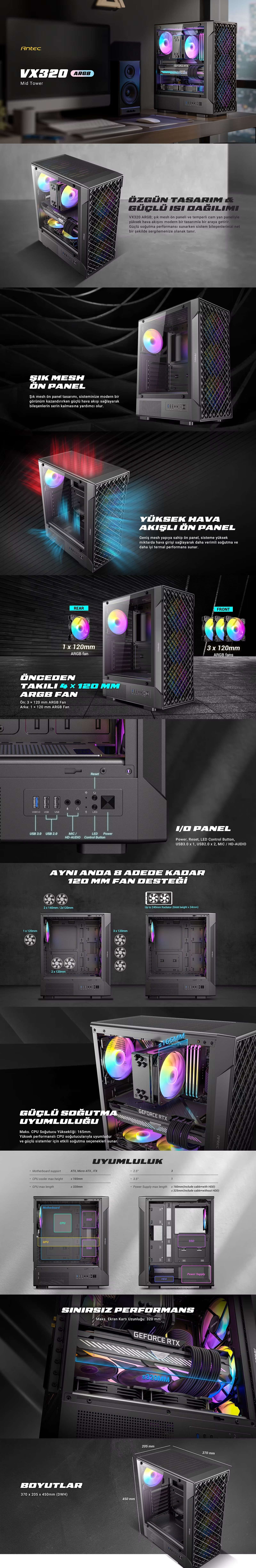 ANTEC VX320 ARGB 750W 80+ BRONZE 4xARGB Fan ATX Siyah Mid Tower Gaming Kasası