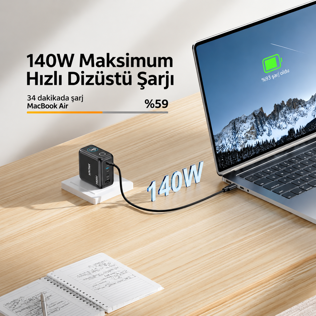 Unitek Rexo 140W 4 Portlu Akıllı Ekranlı GaN Şarj Cihazı (P1132ABK01-EU)