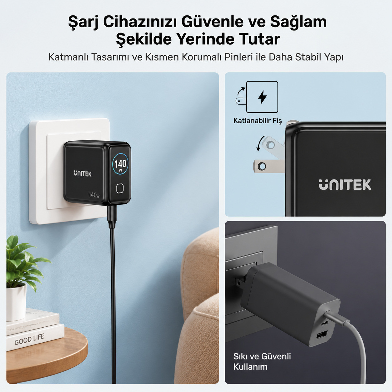 Unitek Rexo 140W 4 Portlu Akıllı Ekranlı GaN Şarj Cihazı (P1132ABK01-EU)