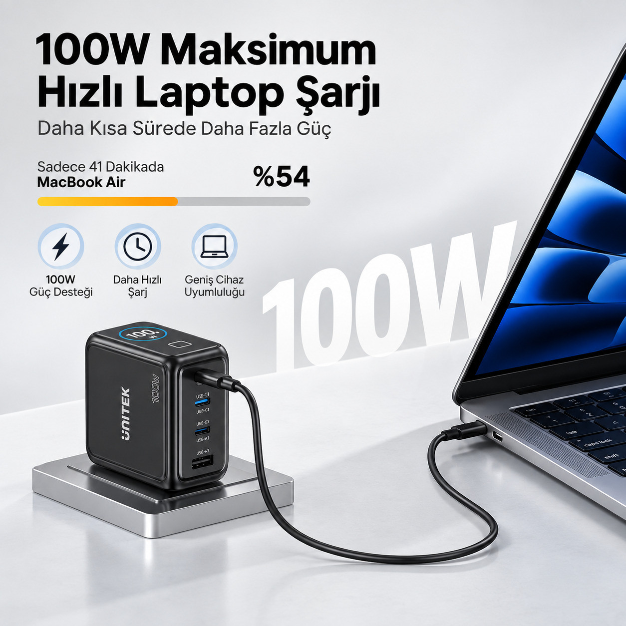 Unitek Rexo 100W 4 Portlu Akıllı Ekranlı GaN Şarj Cihazı (P1132ABK01-EU)