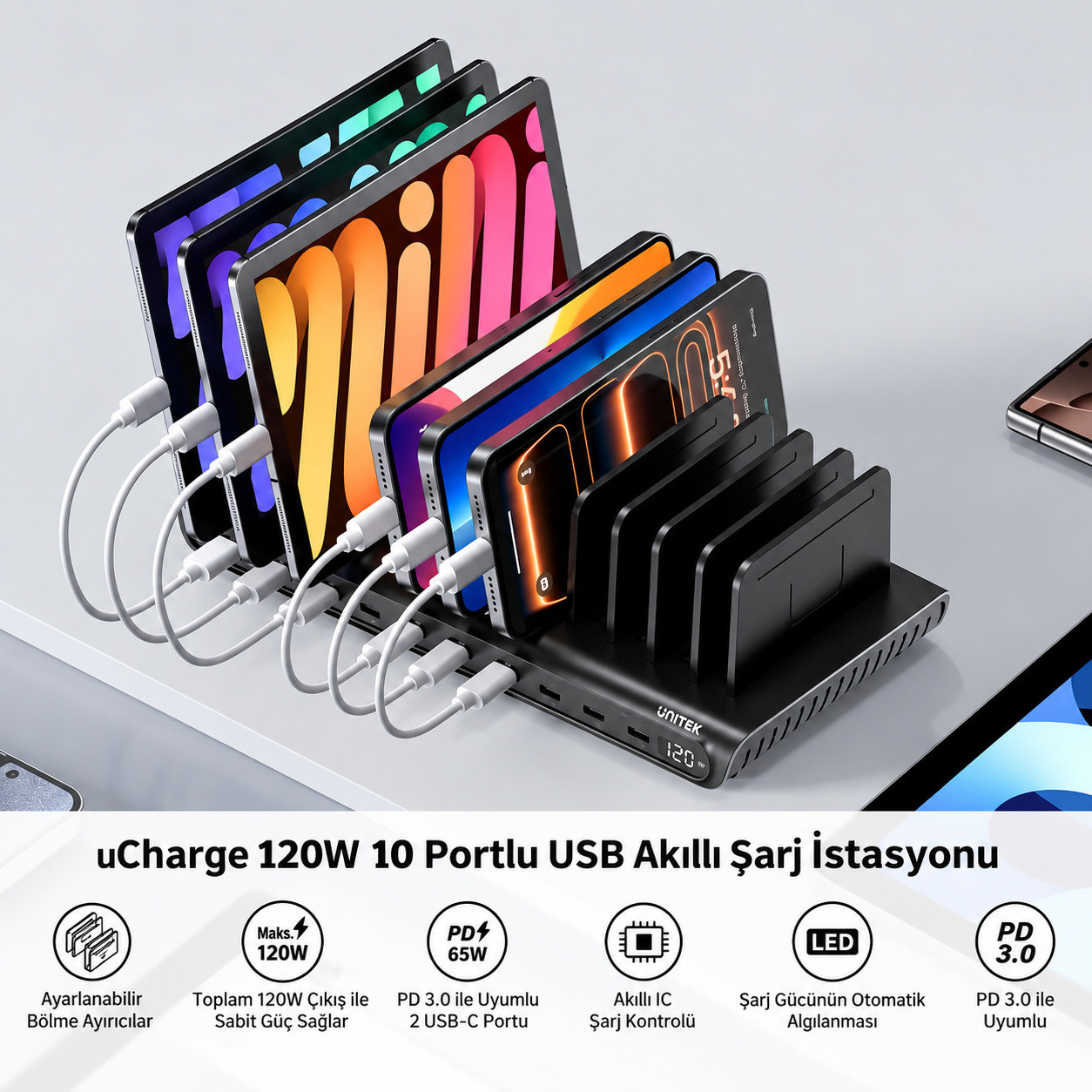 Unitek uCharge 120W 10 Bağlantı Noktalı Akıllı Şarj İstasyonu (P1230EBK01-EU)