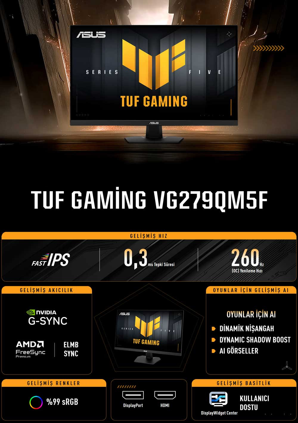 ASUS TUF GAMING VG279QM5F 27″ 260Hz 0.03ms FreeSync G-SYNC Uyumlu Full HD Fast IPS  Gaming Monitör