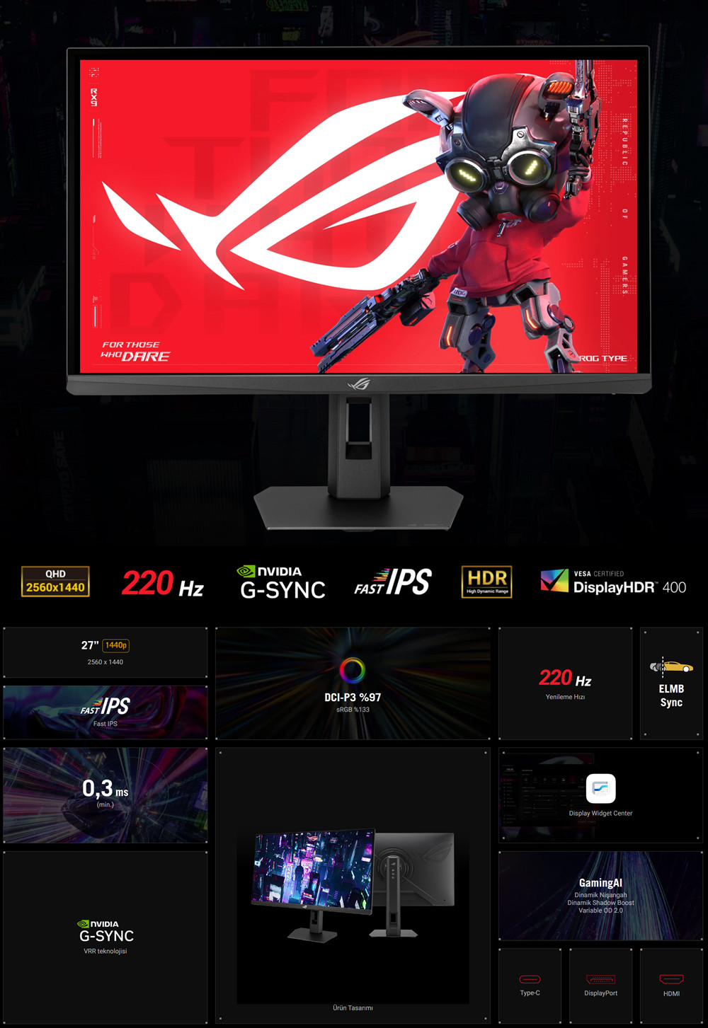 ASUS ROG STRIX XG27ACSR 27″ 220Hz 1ms 2K Adaptive-Sync Pivot Fast IPS QHD Gaming Monitör 