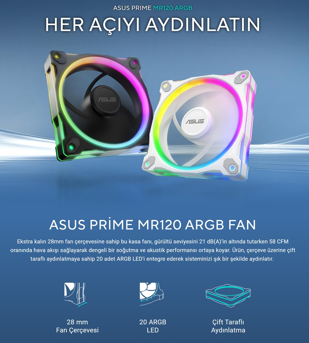 ASUS PRIME MR120 120MM ARGB 3in1 Beyaz Kasa Fanı