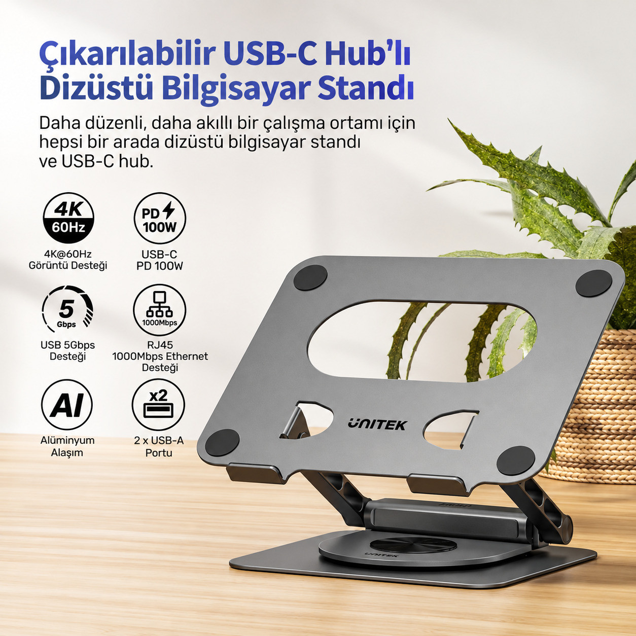 Unitek Çıkarılabilir USB-C Hub`lı Dizüstü Bilgisayar Standı (D1109CGY01)