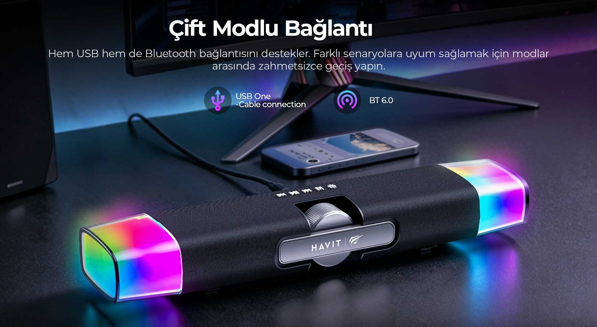 Havit Gamenote SK222 RGB Oyuncu Kablolu Bluetooth Soundbar Hoparlör - Çift Modlu Bilgisayar Hoparlörü - Siyah