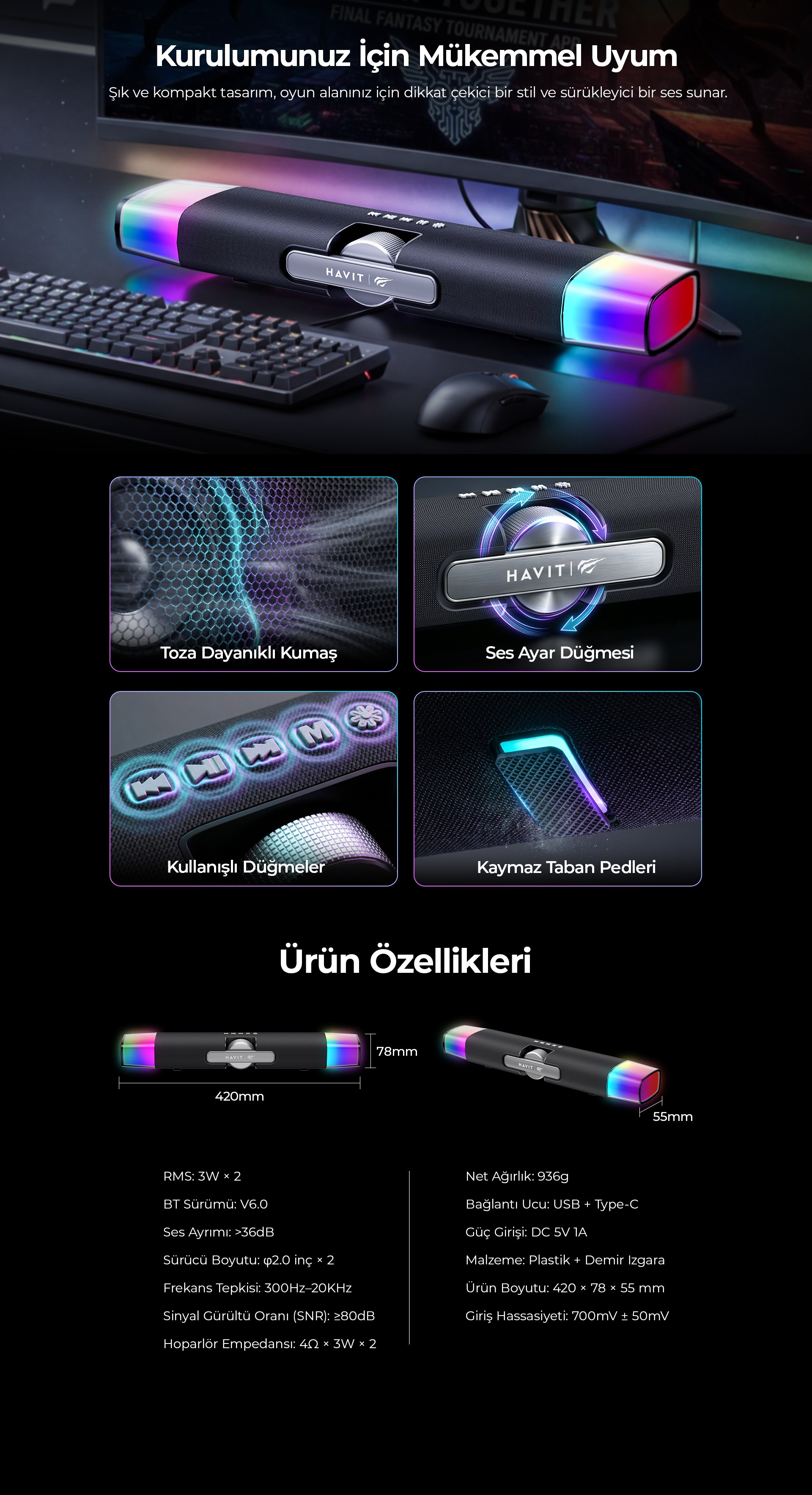 Havit Gamenote SK222 RGB Oyuncu Kablolu Bluetooth Soundbar Hoparlör - Çift Modlu Bilgisayar Hoparlörü - Siyah