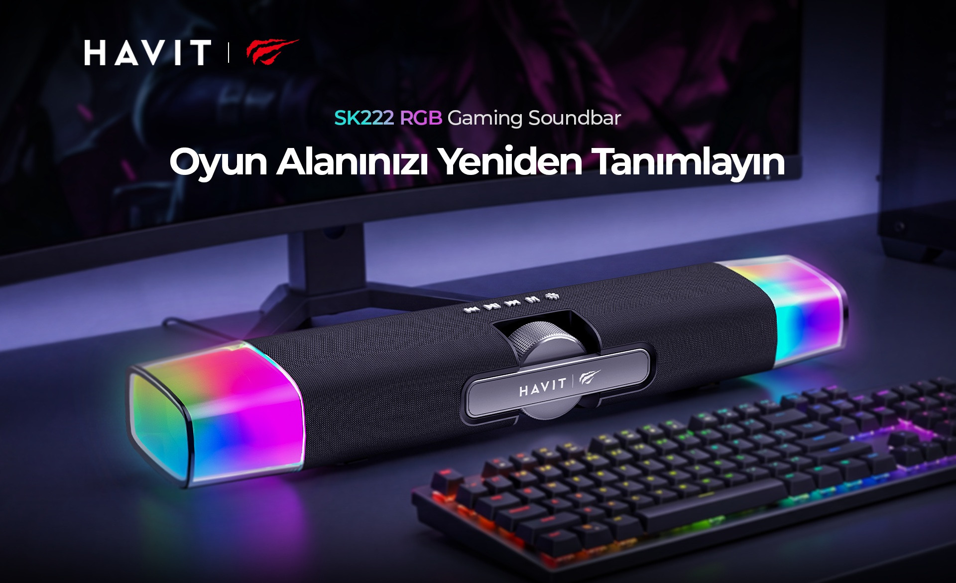 Havit Gamenote SK222 RGB Oyuncu Kablolu Bluetooth Soundbar Hoparlör - Çift Modlu Bilgisayar Hoparlörü - Siyah