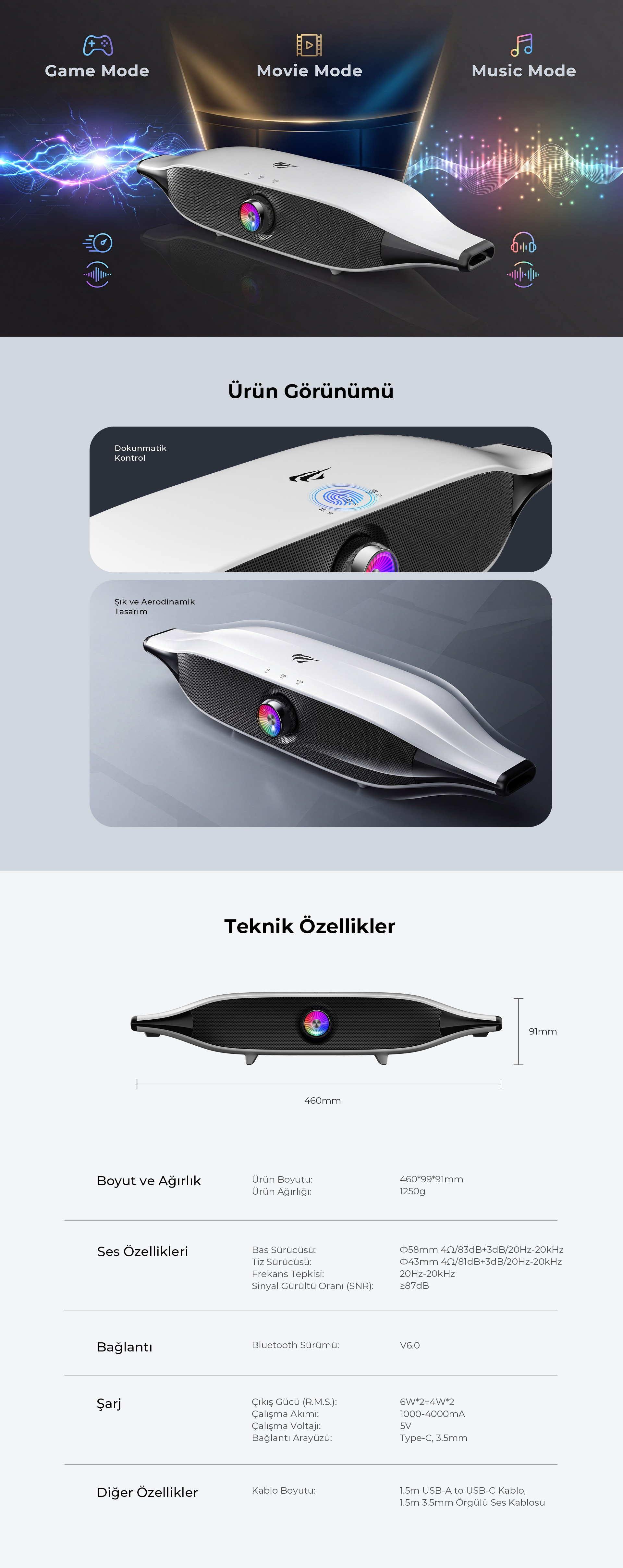 Havit Gamenote SK218 RGB Oyuncu Kablolu Bluetooth Hoparlör - Çift Modlu Bilgisayar Hoparlörü - Beyaz