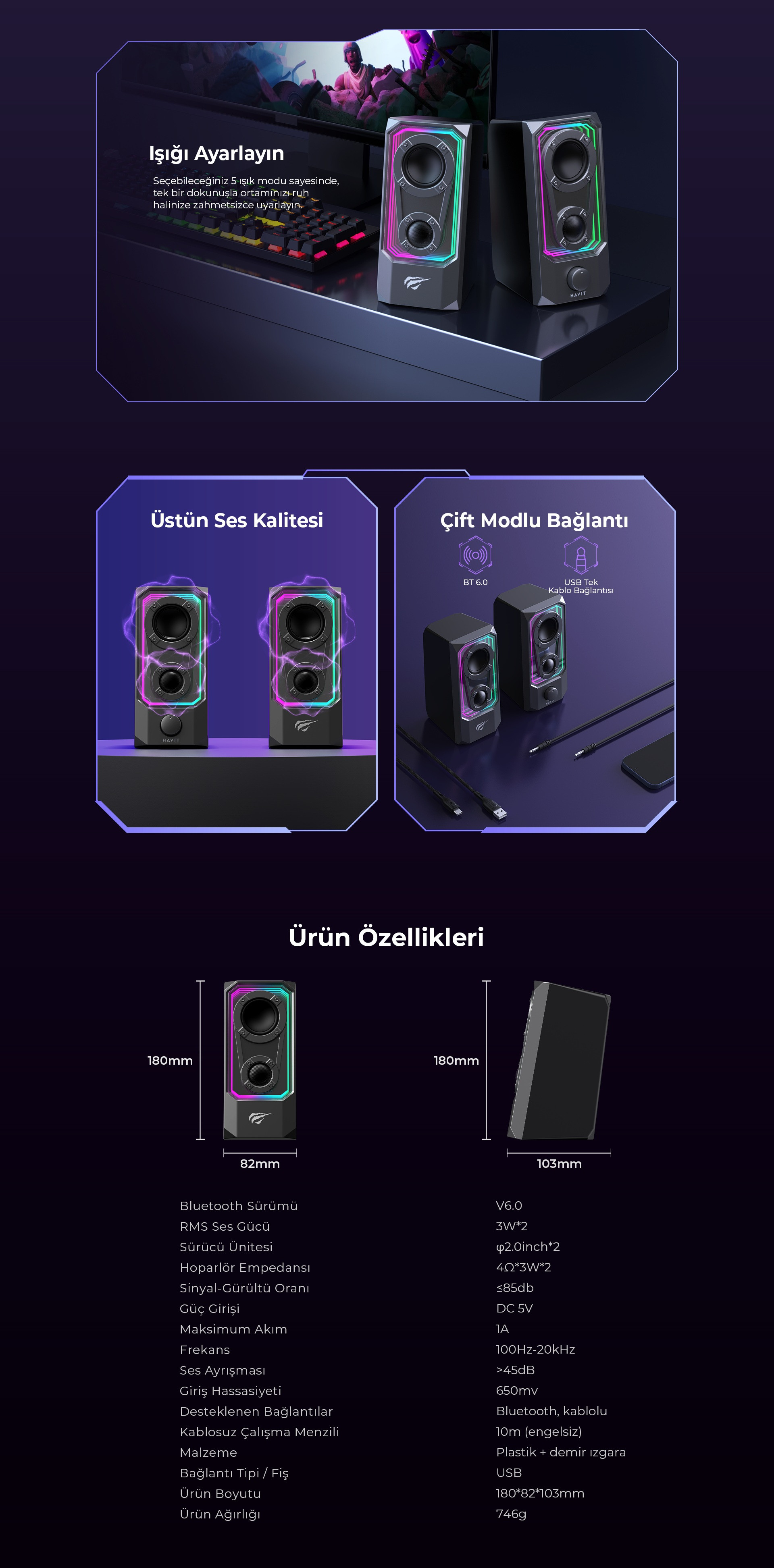 Havit Gamenote SK219 RGB Oyuncu Kablolu Bluetooth Hoparlör 