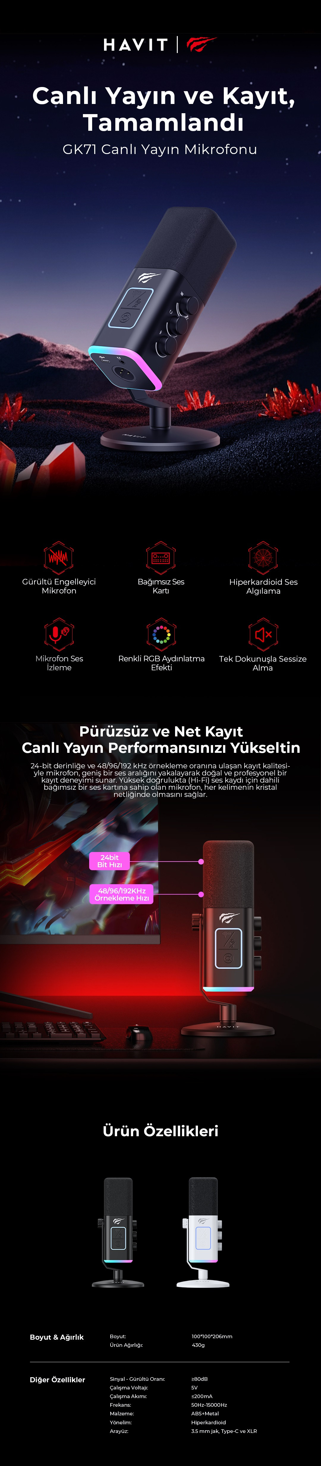 Havit GK71 RGB Profesyonel Yayıncı Oyuncu Mikrofonu Type-C XLR 24Bit/192kHz - Beyaz
