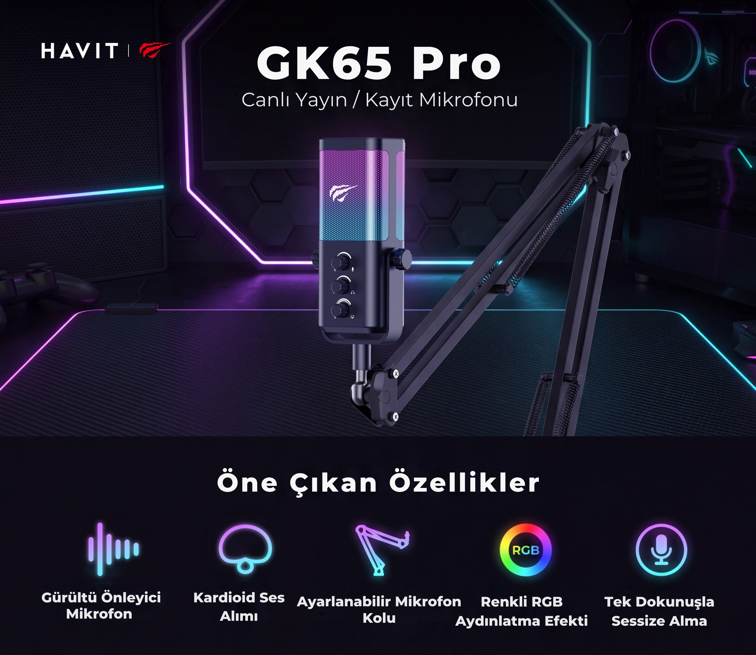 Havit Gamenote GK65 Pro RGB Oyuncu ve Yayıncı Mikrofonu - 192KHz/24Bit Ses Kartlı & Akrobat Kollu Set Siyah