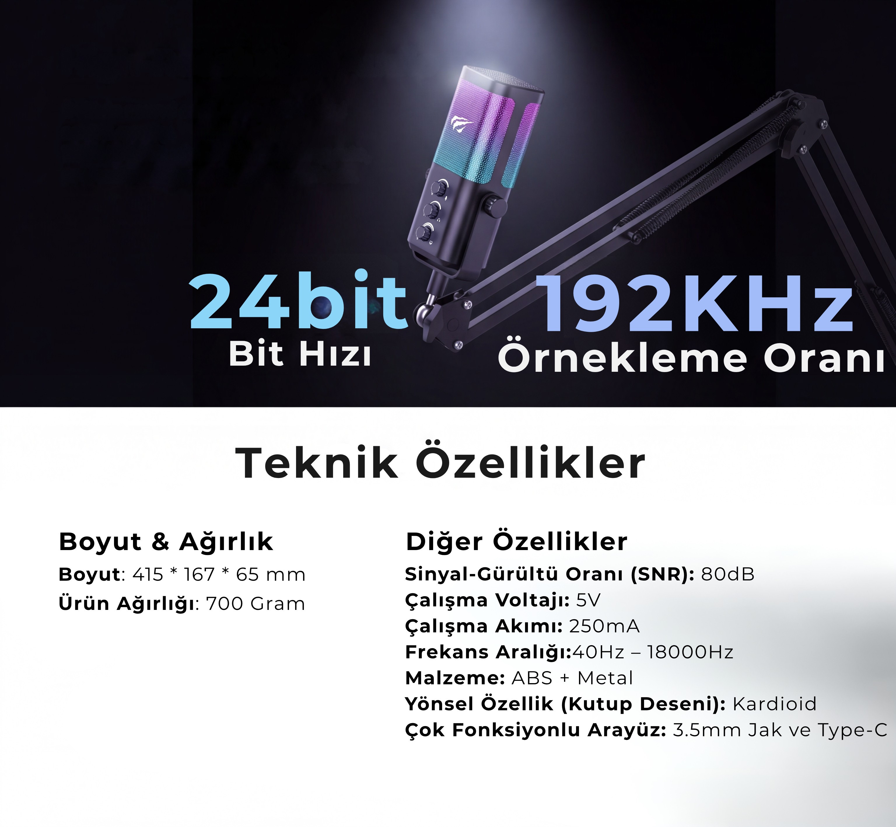 Havit Gamenote GK65 Pro RGB Oyuncu ve Yayıncı Mikrofonu - 192KHz/24Bit Ses Kartlı & Akrobat Kollu Set Siyah