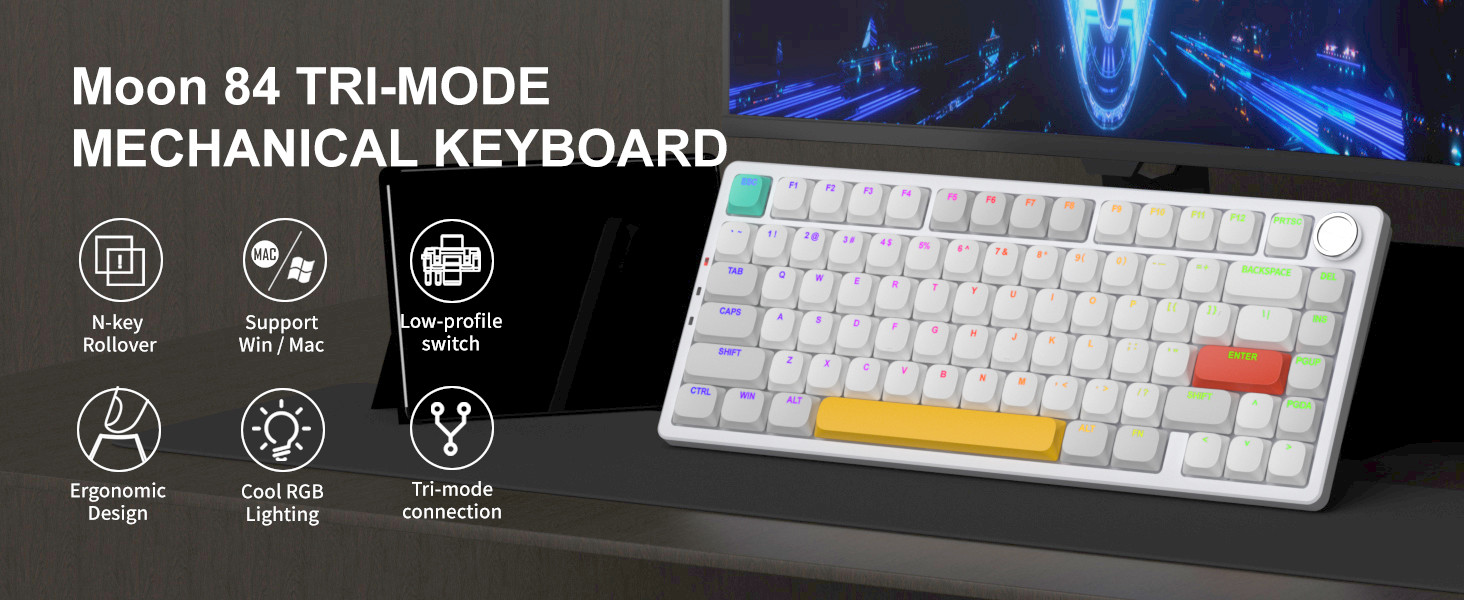 MageGee Moon84 RGB Low Profile Red Switch Triple Mode Kablosuz Mekanik Gaming Beyaz Klavye